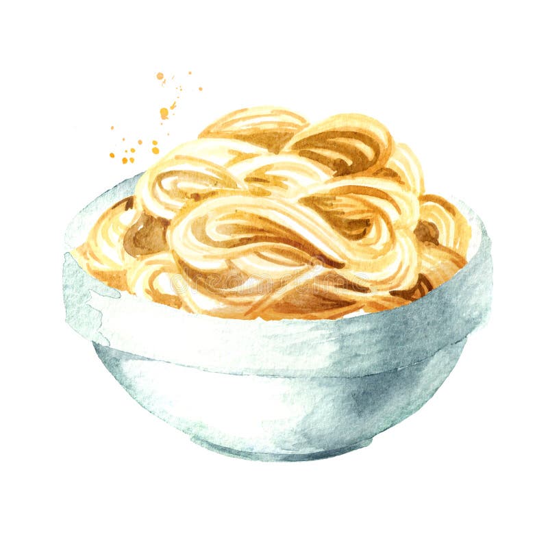 Tallarines en tazón de fuente Ejemplo dibujado mano de la acuarela aislado en el fondo blanco ilustración del vector Tallarines en tazón de fuente Ejemplo dibujado mano de la acuarela aislado en el fondo blanco ilustración del vector