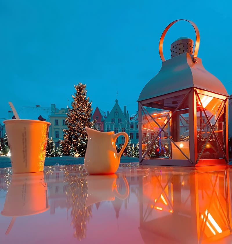 Tallinn, den gamla stadens julgransträd på hall square cafe table med en kopp kaffemjölk och en ljusblå himmel med rött ljus arkivbild