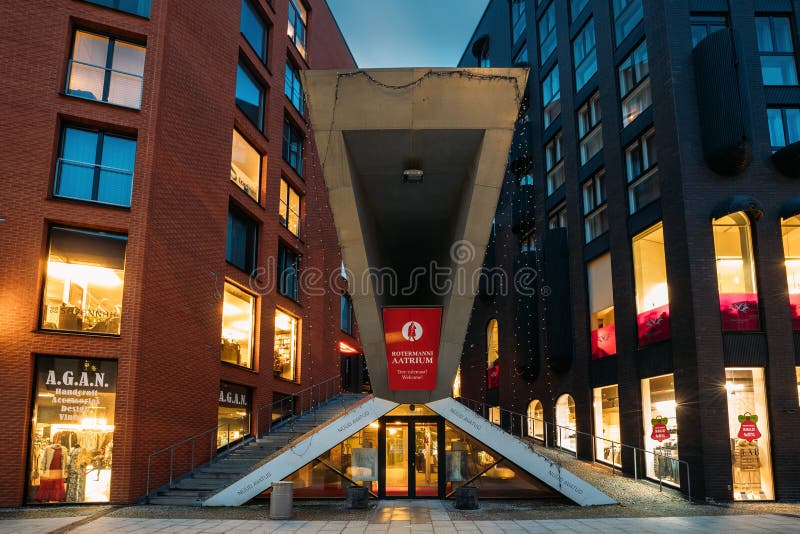 Tallinn, Estonia. Rotermann Aatrium Shop In Historical Rotermann City In Evening Illuminations. Rotermann Quarter