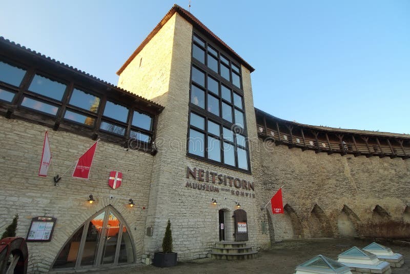 Tallinn, Estonia: January 9, 2020 - Maiden tower Neitsitorn historical museum and cafe. Old Town wall of european city