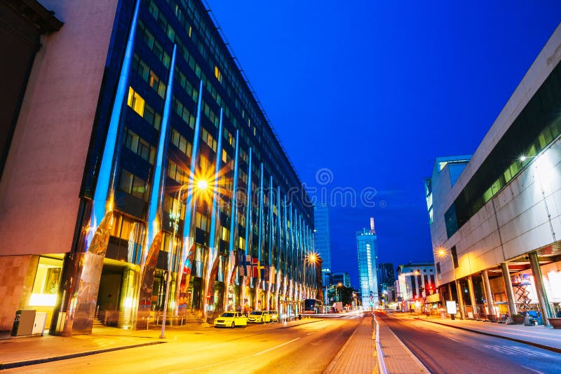 Tallinn, Estonia. Night View Of Hotel Building In Evening Or Night Illumination On A. Laikmaa Street