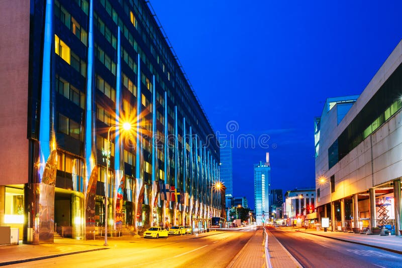 Tallinn, Estonia. Night View Of Hotel Building In Evening Or Night Illumination On A. Laikmaa Street