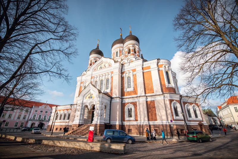 TALLINN, ESTONIA - November 02, 2019: Alexander Nevsky Cathedral view in the street of Tallinn old town.
