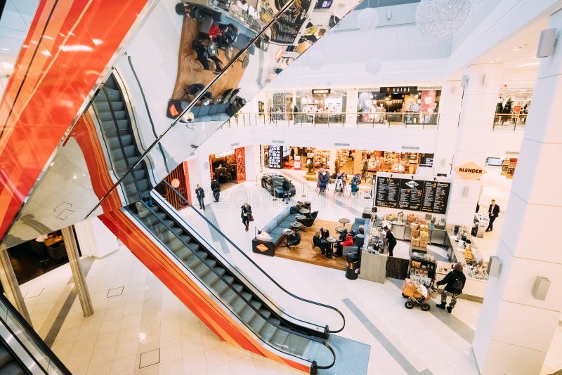 Tallinn, Estonia. People resting and walking at the modern shopping