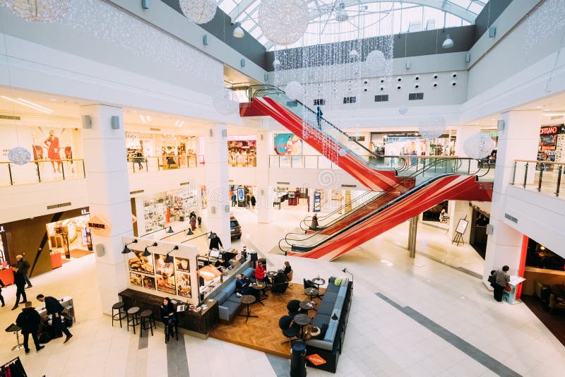 Tallinn, Estonia. People resting and walking at the modern shopping