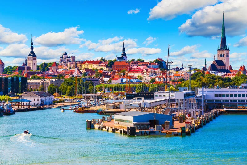 Scenic summer view of the Old Town and sea port harbor in Tallinn, Estonia