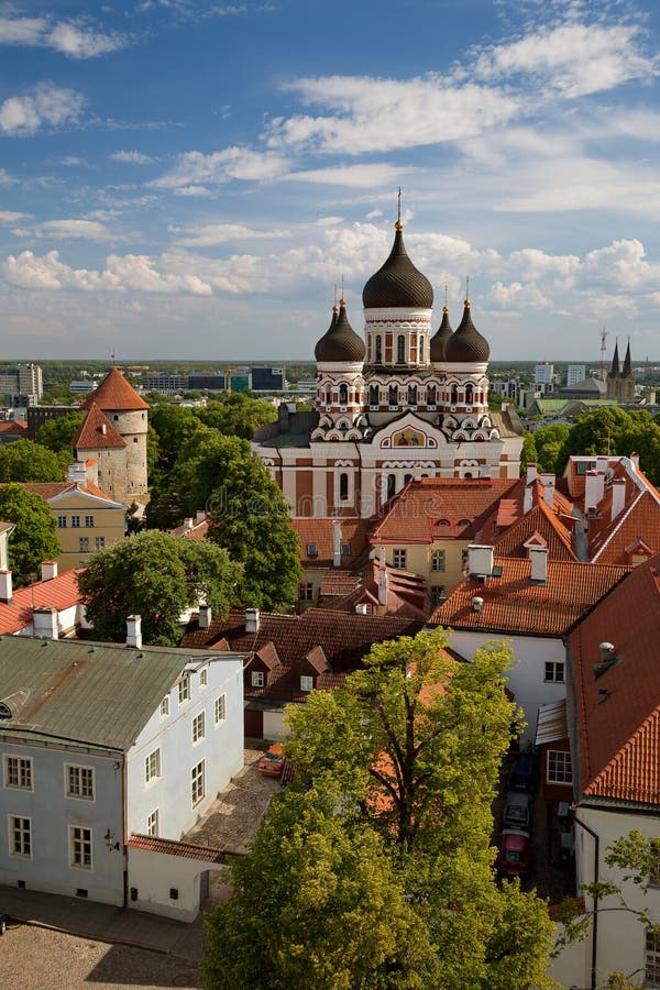 TALLINN, ESTONIA - View from the Bell tower of Dome Church / St. Mary`s Cathedral, Toompea hill at The Old Town and Russian Orthod