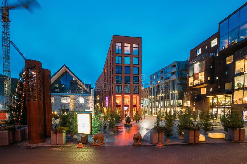 Tallinn, Estonia. View Of Historical Rotermann City With Fir Tree In Evening Illuminations. Rotermann Quarter Includes