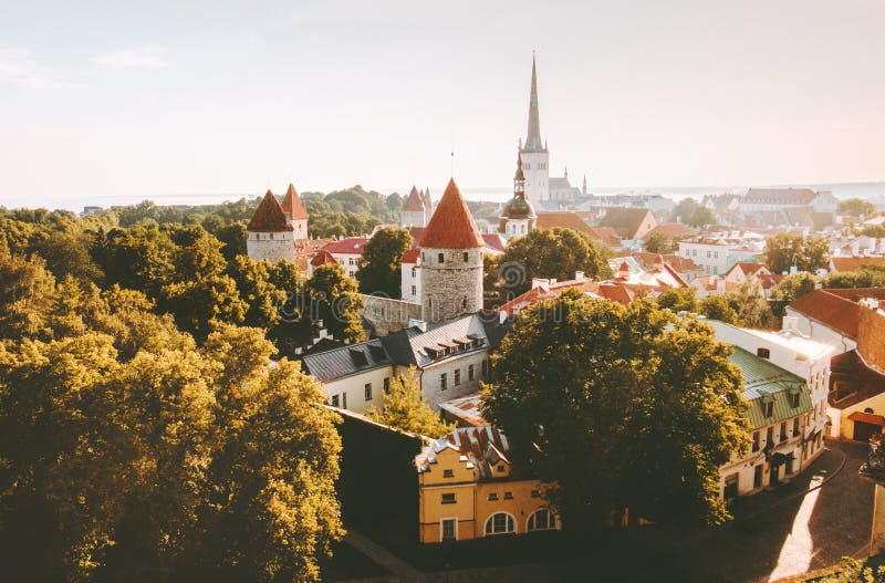 Tallinn Old Town aerial view touristic central popular landmarks cityscape in Estonia Europe city travel