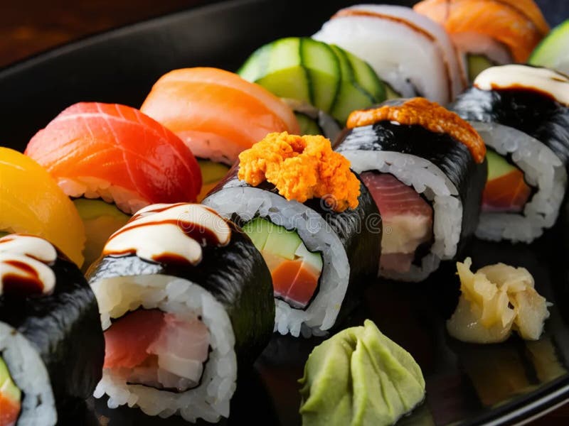 Tallrik med sushi-rullar som innehåller ett sortiment av färgstarka ingredienser i bild. vektor illustrationer