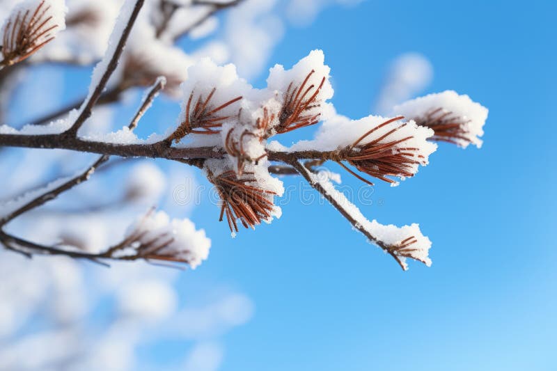 Tallträdsgrenen är tung med snö mot en klar blå himmel. Trägrenen är tung med snö mot en klar blå himmel som skapats med generativ ai genererad