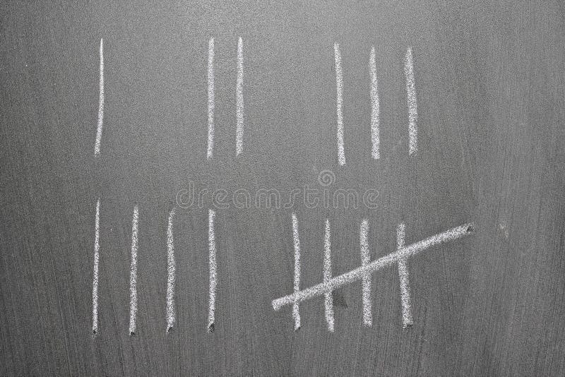 Tally count. From one, two, three, four and five in chalk on blackboard royalty free stock image