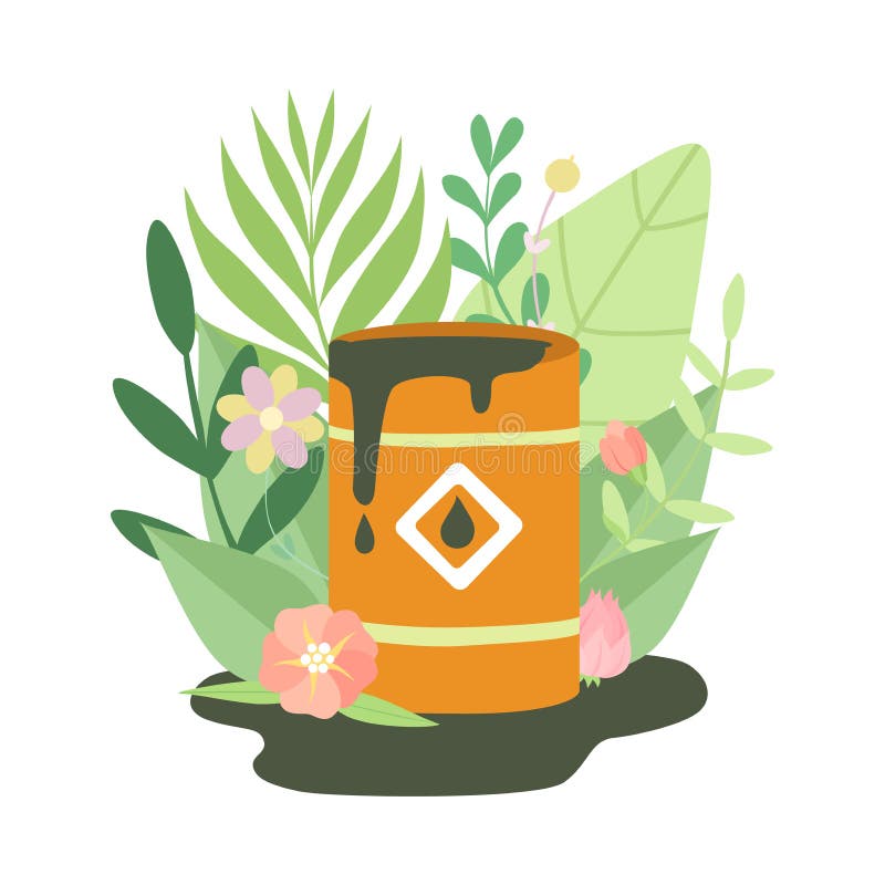 Tambor com escapamento dos produtos petrolíferos cercados pela grama verde e pelas flores, problema ecológico, poluição ambiental ilustração do vetor Tambor com escapamento dos produtos petrolíferos cercados pela grama verde e pelas flores, problema ecológico, poluição ambiental ilustração do vetor
