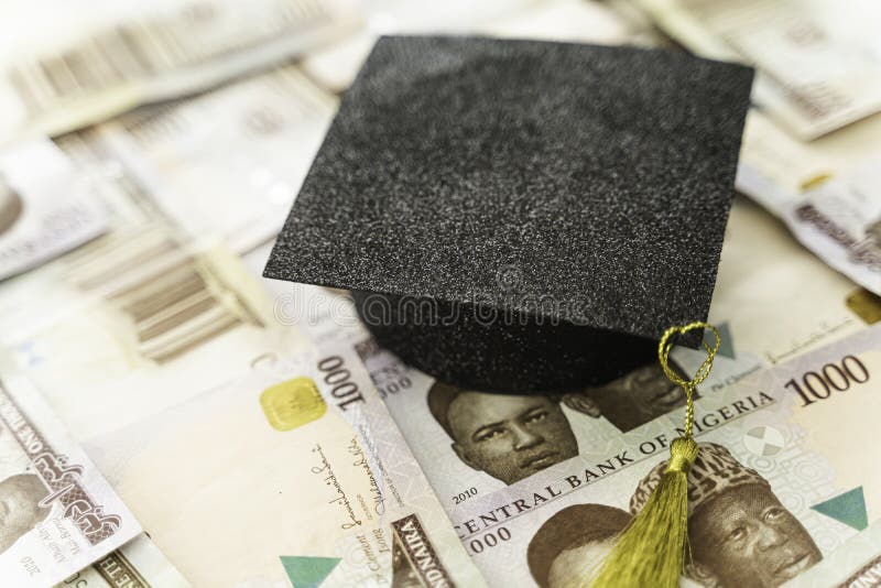 Tamp?o acad?mico do barrete da universidade em notas nigerianas do naira imagens de stock Tamp?o acad?mico do barrete da universidade em notas nigerianas do naira imagens de stock