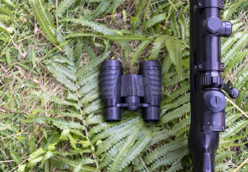 Top view close up rifle and binoculars on grass floor with copy space. Top view close up rifle and binoculars on grass floor with copy space.