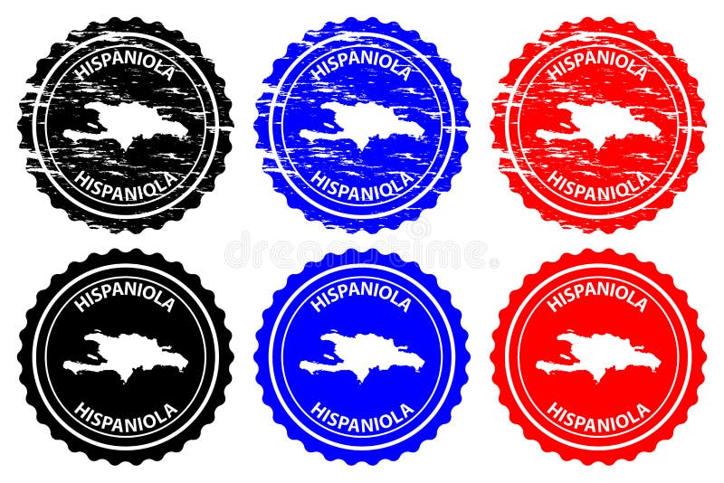 Hispaniola - rubber stamp - vector, Hispaniola map pattern - sticker - black, blue and red. Hispaniola - rubber stamp - vector, Hispaniola map pattern - sticker - black, blue and red