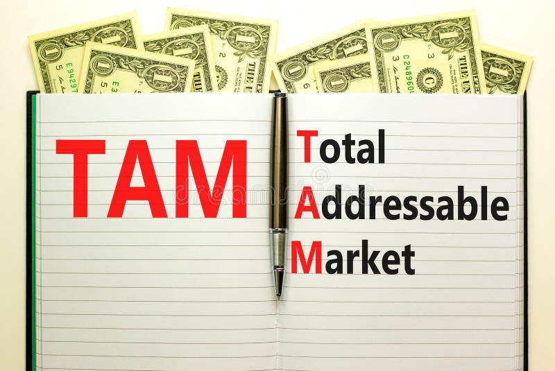 TAM total addressable market symbol. Concept words TAM total addressable market on white note on a beautiful background from dollar bills. Business TAM total addressable market concept. Copy space. TAM total addressable market symbol. Concept words TAM total addressable market on white note on a beautiful background from dollar bills. Business TAM total addressable market concept. Copy space