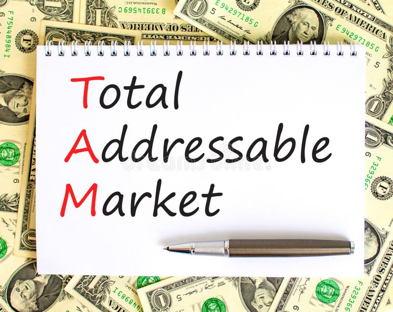 TAM total addressable market symbol. Concept words TAM total addressable market on white note on a beautiful background from dollar bills. Business TAM total addressable market concept. Copy space. TAM total addressable market symbol. Concept words TAM total addressable market on white note on a beautiful background from dollar bills. Business TAM total addressable market concept. Copy space
