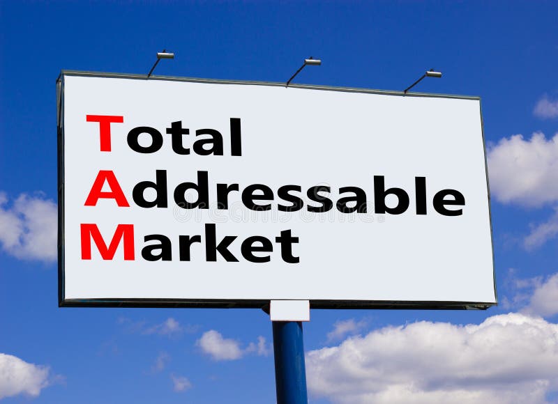TAM total addressable market symbol. Concept words TAM total addressable market on big billboard on beautiful blue sky and clouds background. Business TAM total addressable market concept. Copy space. TAM total addressable market symbol. Concept words TAM total addressable market on big billboard on beautiful blue sky and clouds background. Business TAM total addressable market concept. Copy space