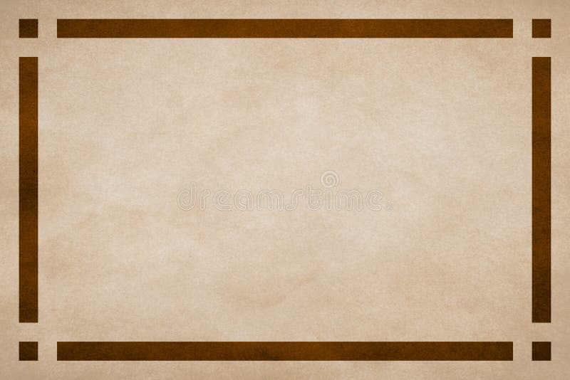 Tan textured parchment paper background. Brown geometric border trim. Rectangle lines, squares in corners.