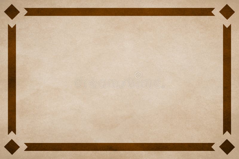 Tan textured parchment paper background. Brown ribbon border trim. Diamonds in corners.