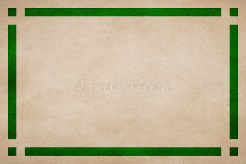 Tan textured parchment paper background. Green geometric border trim. Rectangle lines, squares in corners.