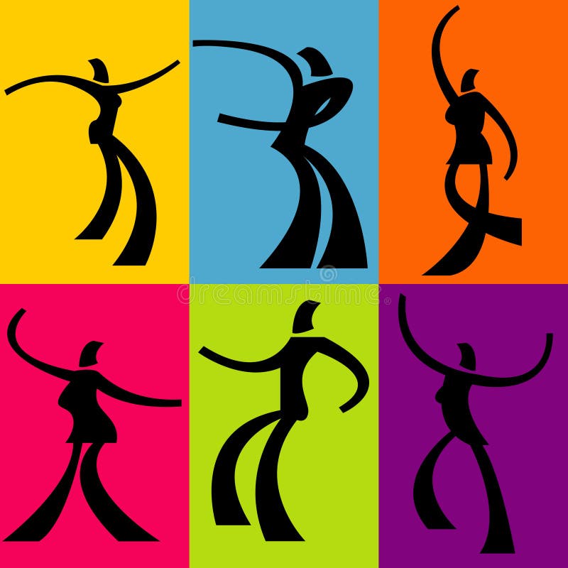 A collection of 6 abstract, illustrated dancers on different colored backgrounds. A collection of 6 abstract, illustrated dancers on different colored backgrounds.