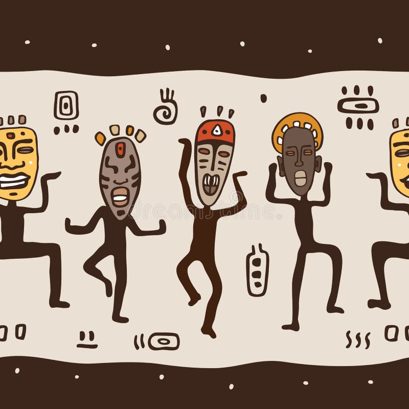 Tanczyć postacie jest ubranym afrykanin maski. royalty ilustracja Tanczyć postacie jest ubranym afrykanin maski. royalty ilustracja