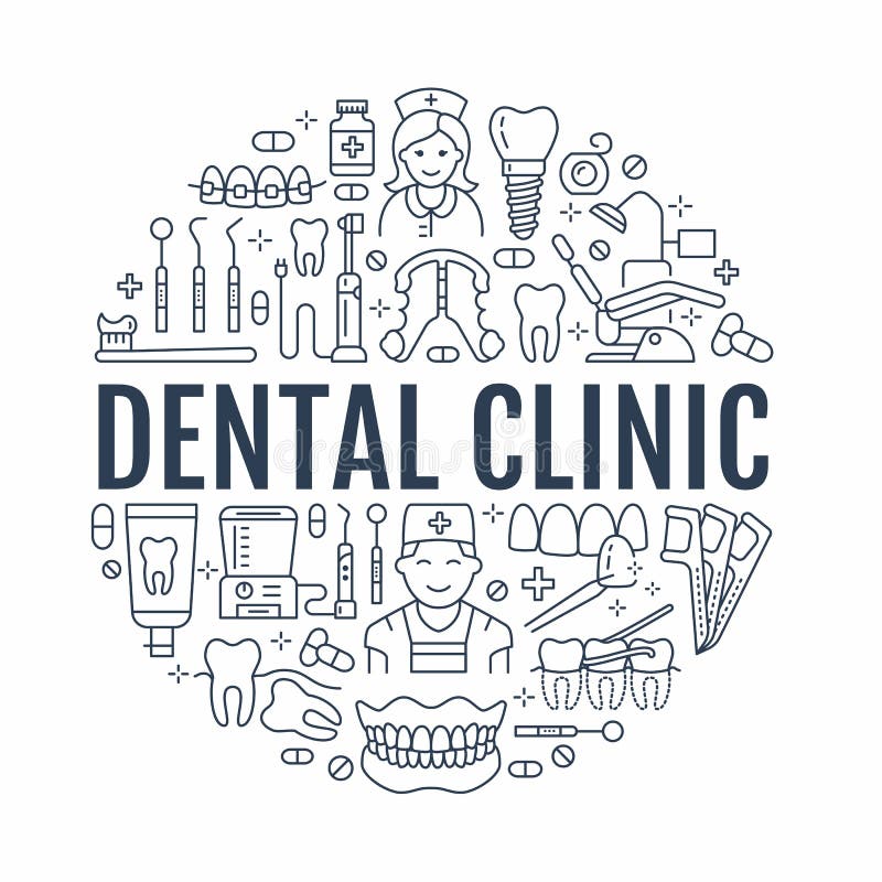 Tandarts, orthodontie medische banner met vectorlijnpictogram van tandzorgmateriaal, steunen, tandprothese, vernisjes stock illustratie Tandarts, orthodontie medische banner met vectorlijnpictogram van tandzorgmateriaal, steunen, tandprothese, vernisjes stock illustratie
