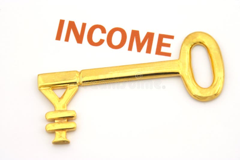 A gold key with a yen symbol and the word income. A gold key with a yen symbol and the word income