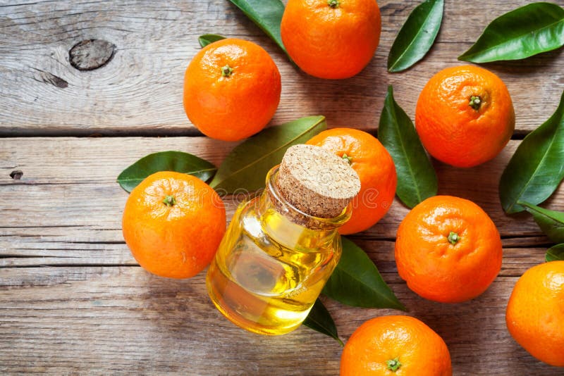 Tangerines с листьями и бутылкой необходимого цитруса смазывают стоковое фото Tangerines с листьями и бутылкой необходимого цитруса смазывают стоковое фото
