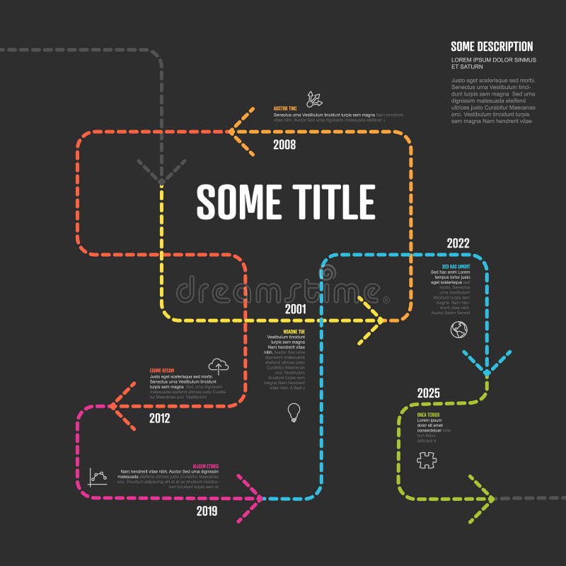 Tangle timeline Infographic template with arrows on color dotted line and dark background vector illustration