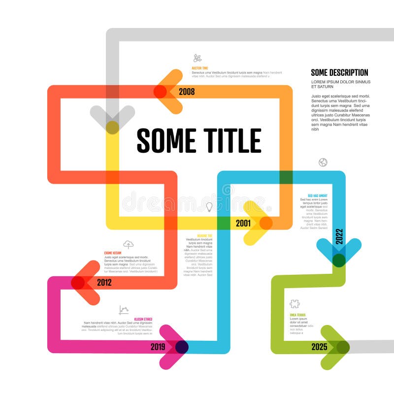 Colorful simple infochart tangle timeline template with arrows on thin color line, icons, short descriptions and year numbers. Infographic timeline. Colorful simple infochart tangle timeline template with arrows on thin color line, icons, short descriptions and year numbers. Infographic timeline