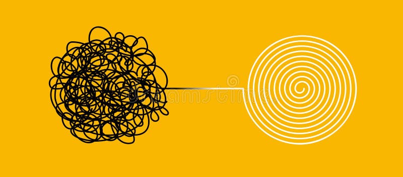 Tangle and untangle, psychotherapy and psychology concept. Tangled  line illustration. Doodle. Abstract change graphic.