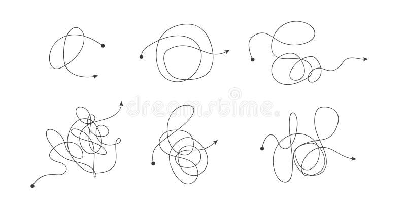 Tangled confused scribble line arrow set, Insane messy complicated clew way, Solving complex problem concept, Vector vector illustration