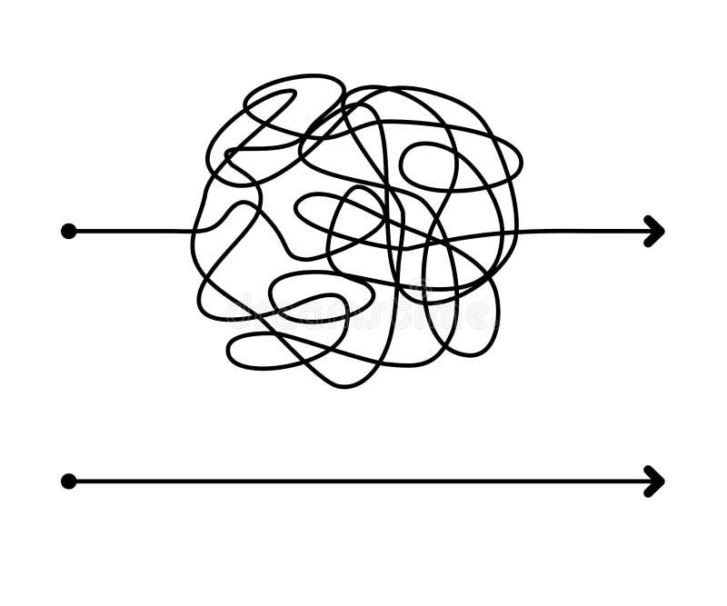 Tangled scribble and straight way. Chaotic hand drawn texture. Conceptual illustration of difficult and simple process or way vector illustration Tangled scribble and straight way. Chaotic hand drawn texture. Conceptual illustration of difficult and simple process or way vector illustration