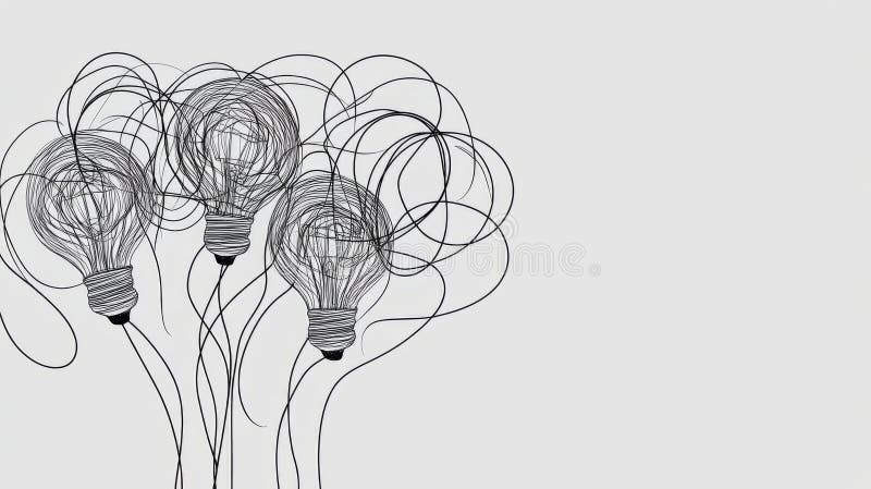 Tangled and scribble wires with light bulbs in One continuous line drawing. Concept of complex problem solving process stock illustration