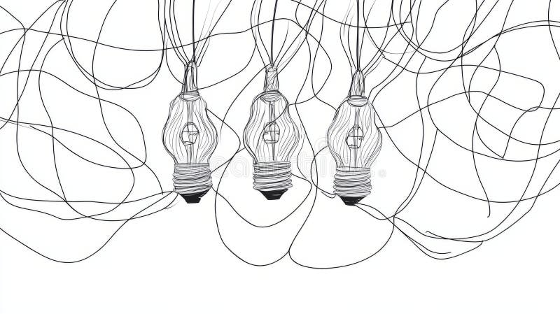 Tangled and scribble wires with light bulbs in One continuous line drawing. Concept of complex problem solving process vector illustration
