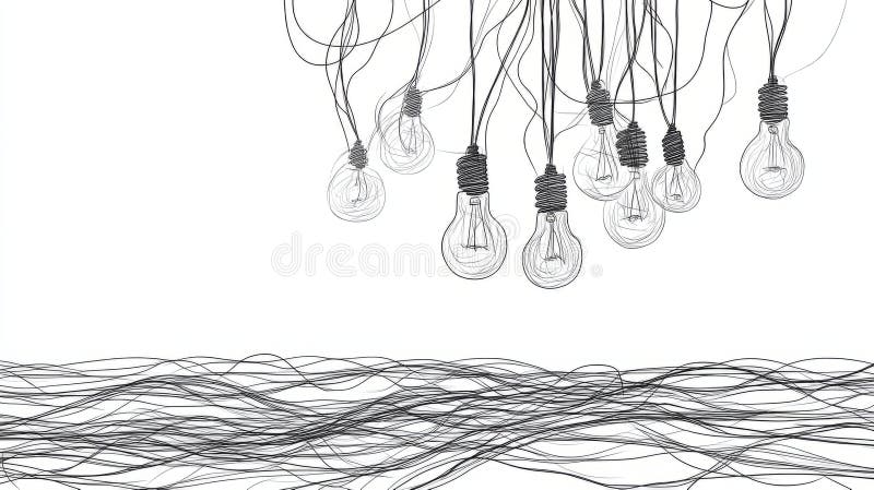 Tangled and scribble wires with light bulbs in One continuous line drawing. Concept of complex problem solving process royalty free illustration
