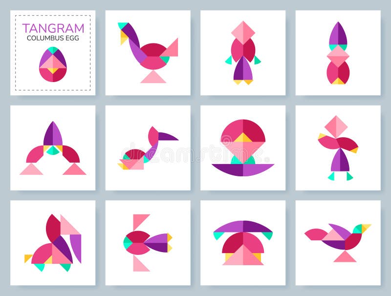 Tangram puzzle. Set of isometric tangram different objects. Vector