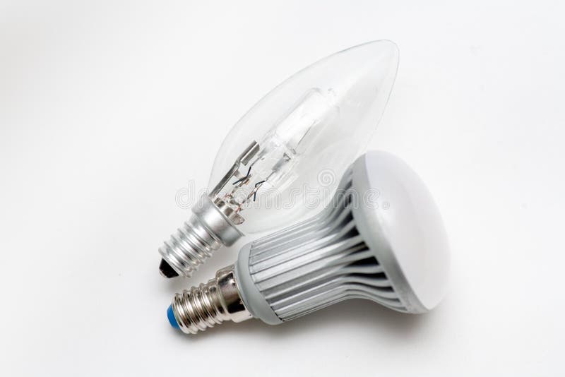 Tangsten and LED lamps with E27 socket stock image