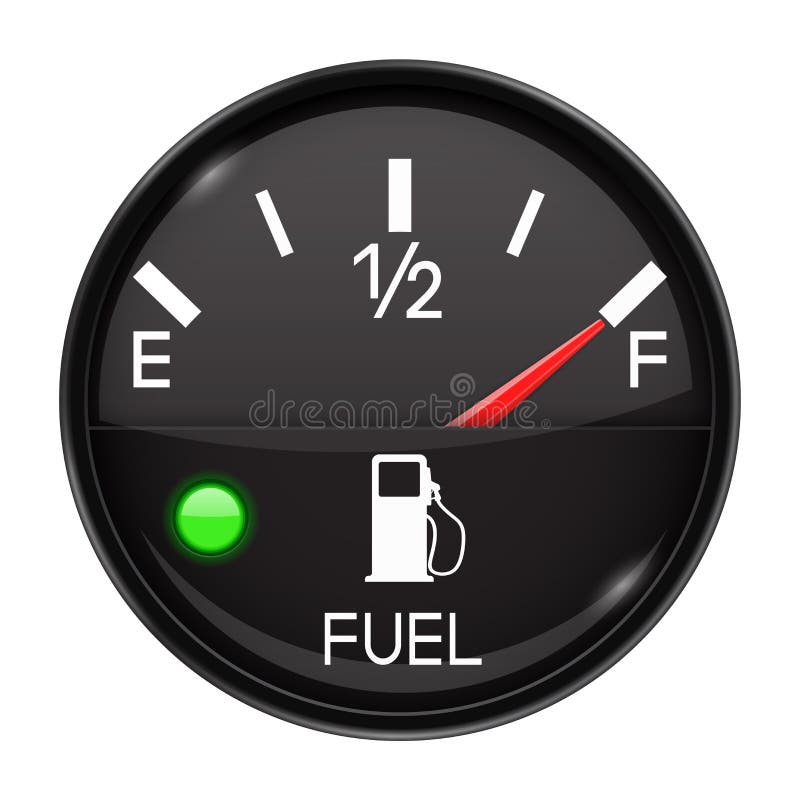 Fuel gauge. Full tank. Round black car dashboard 3d device. Vector illustration isolated on white background. Fuel gauge. Full tank. Round black car dashboard 3d device. Vector illustration isolated on white background