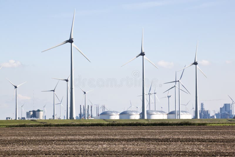 Tanks for oil storage and windmills, Groningen, Netherlands