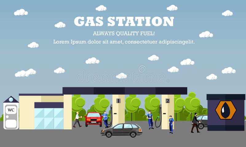 Gas station concept vector banner. Transport related service buildings. People fuel their cars. Gas station concept vector banner. Transport related service buildings. People fuel their cars.