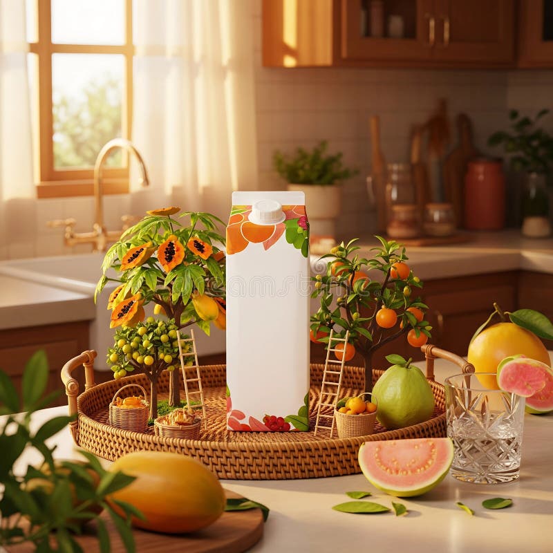 Fruits and Vegetables A kitchen setting features a rectangular carton with colorful fruit illustrations at the top stock image