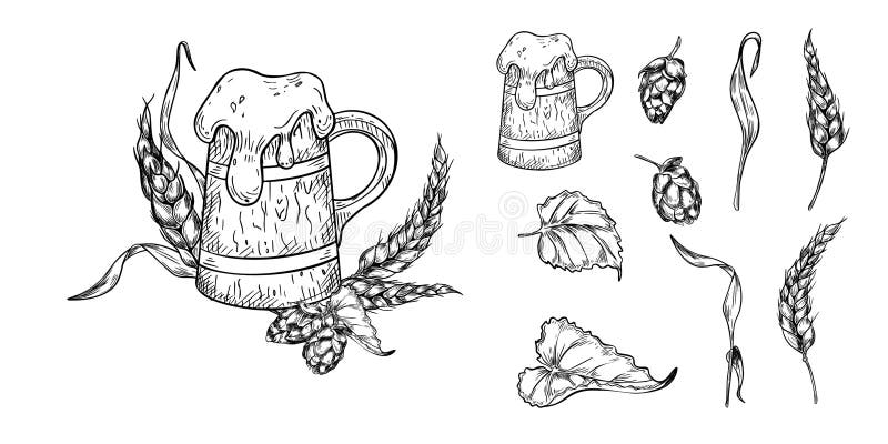 Tanque de cerveza y gorro de espuma ilustración vectorial de color blanco negro sobre blanco. trigo de cerveza de oreja cono hops ilustración del vector