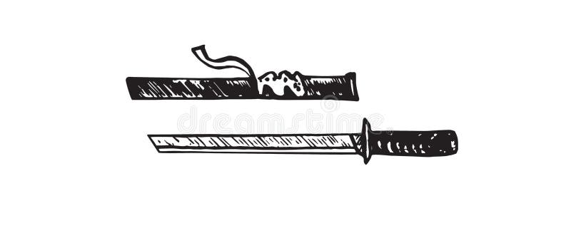 Tantō short japoński sword and scabbard, ręczny rysunek lalek, odizolowana ilustracja
