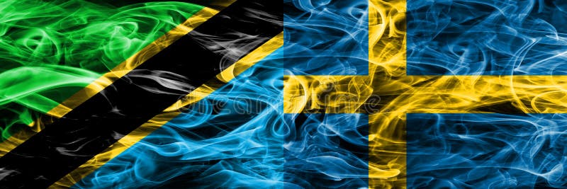 Tanzania vs Sweden, Swedish smoke flags placed side by side. Thick colored silky smoke flags of Tanzanian and Sweden, Swedish stock image Tanzania vs Sweden, Swedish smoke flags placed side by side. Thick colored silky smoke flags of Tanzanian and Sweden, Swedish stock image