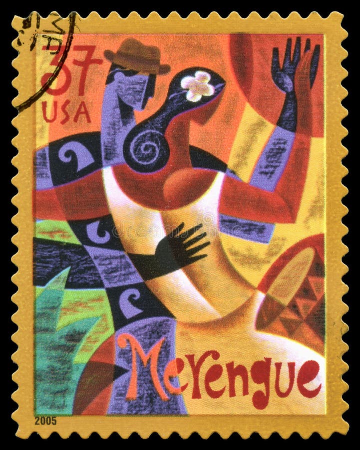 London, UK, July 30 2014 - Vintage 2005 United States of America cancelled postage stamp showing an abstract image of a couple dancing the Merengue. London, UK, July 30 2014 - Vintage 2005 United States of America cancelled postage stamp showing an abstract image of a couple dancing the Merengue