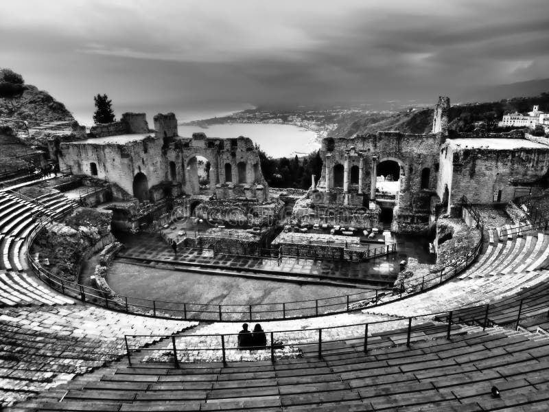 Taormina Ancient Ruins in Sicily, Black and White Dramatic Shot Stock